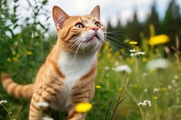Naklejka na ściany i meble Ginger cat jumping over meadow (Ai generated)