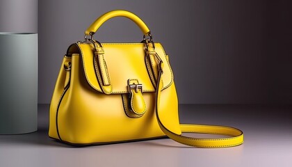 Beautiful trendy smooth youth women's handbag in bright yellow color on a gray studio background