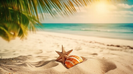 Fototapeta na wymiar palm tree, starfish, shell seas, beach, sea sand,