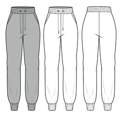 Ladies joggers front and back view technical flat sketch vector template