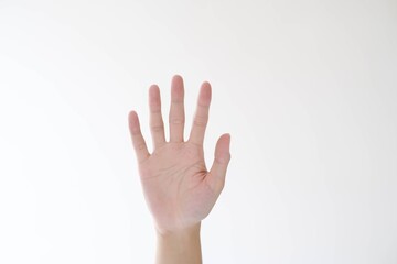 A man's hand with five fingers on an isolated white background