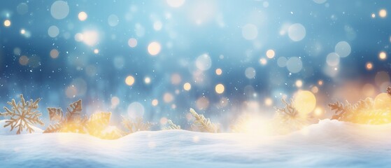 Fototapeta na wymiar Beautiful winter light elegant background with blurry christmas lights, snowdrifts and and light snowfall