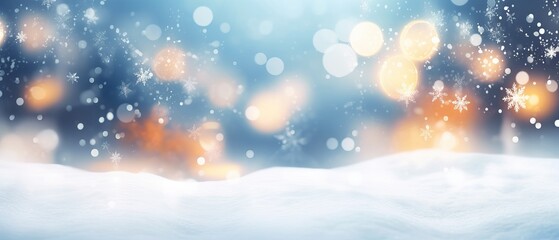 Beautiful winter light elegant background with blurry christmas lights, snowdrifts and and light snowfall