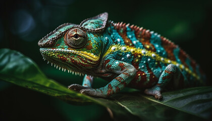 Fototapeta premium The veiled chameleon green and blue scales shine in magnification generated by AI