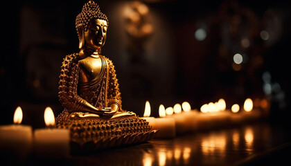 A serene Buddha statue meditating in candlelight, symbolizing spirituality generated by AI