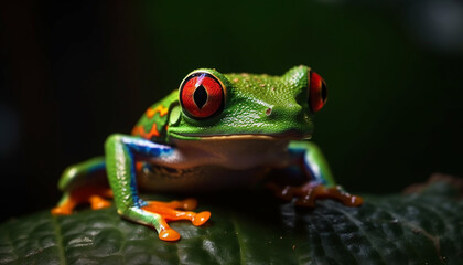 Red eyed tree frog sitting on leaf, looking at camera generated by AI