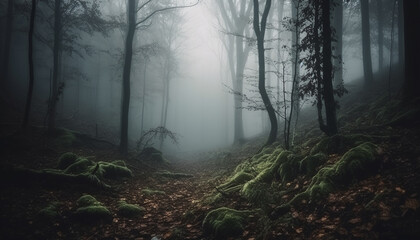 Obraz premium A spooky forest in autumn, mystery and beauty in nature generated by AI