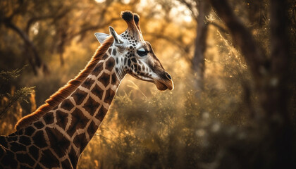 Sunset safari Giraffe spotted beauty in nature, looking at camera generated by AI