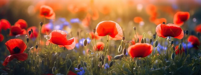 Colorful spring summer landscape with red poppy flowers in meadow in nature glow in sun. Selective focus, shallow depth of field