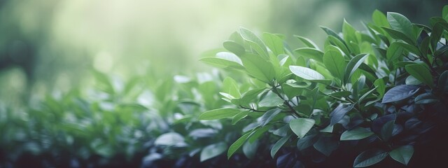Fototapeta premium Natural background border with fresh juicy leaves with soft focus outdoors in nature, wide format, copy space, atmospheric image in soothing muted dark green tones