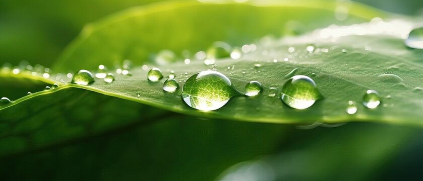 Beautiful large drop morning dew in nature, selective focus. Drops of clean transparent water on leaves. Sun glare in drop. Image in green tones. Spring summer natural background