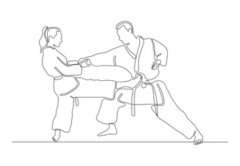 Fototapeta na wymiar Continuous line drawing of man and woman doing a karate duel vector illustration. Premium vector. 
