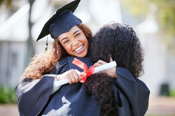 Women friends, hug and graduation certificate with smile, celebration or solidarity for success at...
