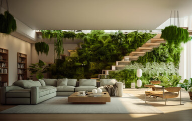 Fototapeta premium Luxury sustainable green living solution. Eco-friendly houseing. Concept design. Plants inside a living room. Ultra realistic render. Generative Ai. Architectural Masterpiece