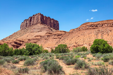 Red sandstone butte formation and green desert vegetation in the spring arid landscape of Utah near Moab.
