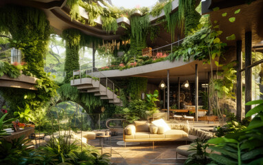 Fototapeta premium Luxury sustainable green living solution. Eco-friendly houseing. Concept design. Plants inside a living room. Ultra realistic render. Generative Ai. Architectural Masterpiece
