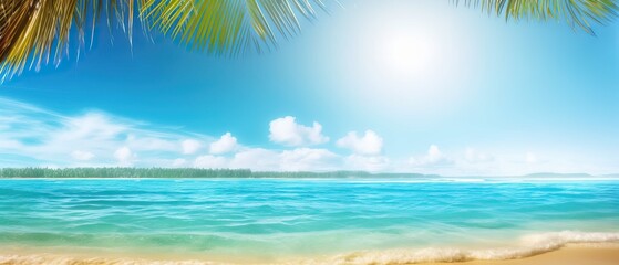 Fototapeta na wymiar Summer landscape, nature of tropical golden beach and leaf palm, soft focus. Golden sand beach with glare in water, turquoise sea water, blue sky, white clouds. Copy space, summer vacation concept