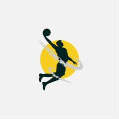 Basketball tournament logo. Silhouette of basketball player jump for the slam dunk isolated on white background.