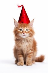 Cute cat celebrating with a red party hat. Generative AI.