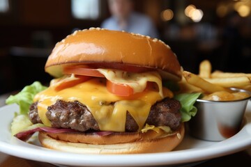 Cheeseburger, including the type of bun, meat patty, cheese, sauce, and toppings, AI generated