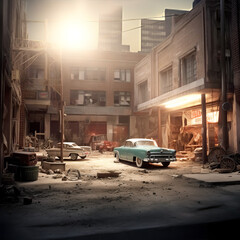 Fototapeta premium Run down building. Old fashion building. Nice car infront of old build. Old school vibes. AI generated