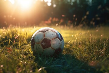 Fototapeta premium Closeup football on grass in football field, generative AI