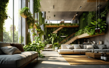 Luxury sustainable green living solution. Eco-friendly houseing. Concept design. Plants inside a living room. Ultra realistic render. Generative Ai. Architectural Masterpiece