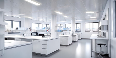 Fototapeta na wymiar A scientific research lab with a lot of white cabinets and counters. Generative AI laboratory interior