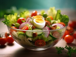 close-up of a healthy salad mix with tomato, cucubers, onion, egg and more, generative ai