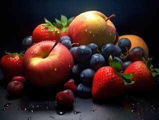 Fototapeta na wymiar arrangement of differend fresh fruits with a dark background, generative ai