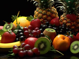 arrangement of differend fresh fruits with a dark background, generative ai