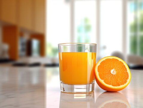 a healthy glass of freshly squeezed orange juice on a well lit and bright kitchen counter, generative ai 