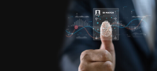 Fototapeta premium Businessman scanning with fingerprint technology digital programs futuristic, finger scanning, privacy, password, cyber security, cloud online technology to protect client IT lock icon.security