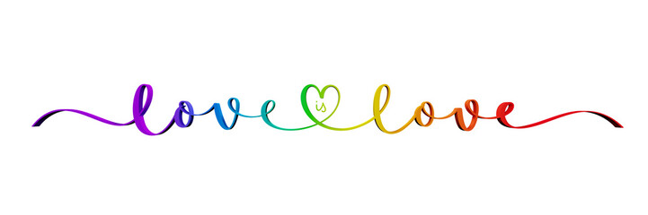3D render of LOVE IS LOVE brush lettering in pride flag colors on transparent background