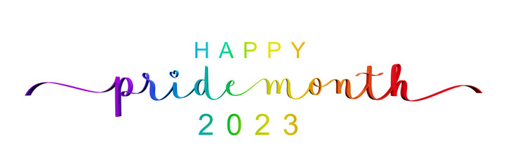 3D render of HAPPY PRIDE 2023 brush lettering in pride flag colors on transparent background