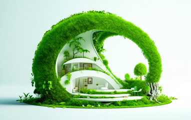 Modern eco-friendly green living concept. Architectural masterpiece illustration. Isolated on white background. Sustainable homes. 