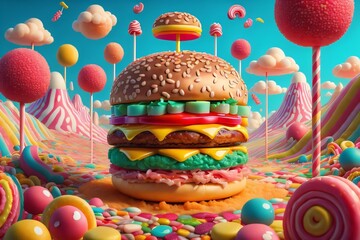 Big hamburger at candy land. Colorful candy planet. Generative ai