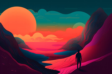 Generative AI illustration silhouette of anonymous person walking among brightly colored abstract undulating mountains at sunset against a cloudy sky