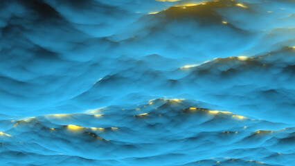 Blue clouds on an unknown planet and golden light penetrating through them