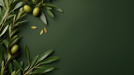 Background olive branch on a green background. green olives. olive oil. green banner. copy space. generative ai
