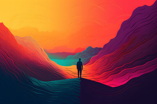 Generative AI illustration silhouette of unrecognizable person walking on brightly colored abstract rolling hills at sunset against an orange sky