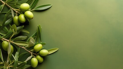 Background olive branch on a green background. green olives. olive oil. green banner. copy space. generative ai
