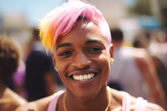 Generative AI illustration of cheerful African American androgynous with bright dyed hair and mustache looking at camera and smiling