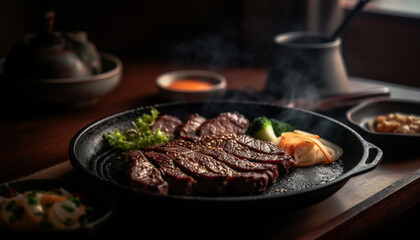Grilled sirloin steak with vegetables, cooked to perfection on charcoal generated by AI