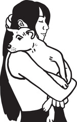 Cartoon girl happy to keep dog as best friend