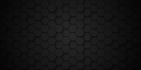 Background of abstract black hexagon background design a dark honeycomb grid pattern. Abstract octagons dark 3d background.Black geometric background for design. - obrazy, fototapety, plakaty