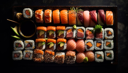 A savory collection of Japanese sushi rolls, ready to eat refreshment generated by AI
