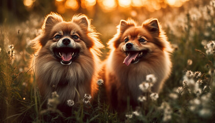 Naklejka na ściany i meble Sun kissed pups play in meadow, obedient to nature beauty generated by AI