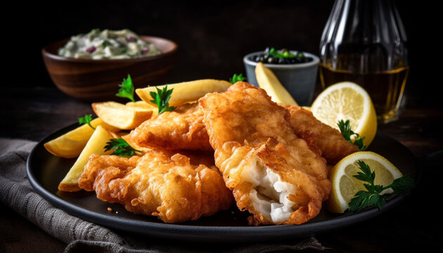 A gourmet meal of deep fried seafood fillet with parsley generated by AI