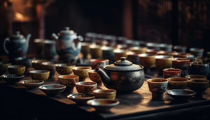 Ancient Chinese teapot collection, elegantly crafted with ornate patterns generated by AI